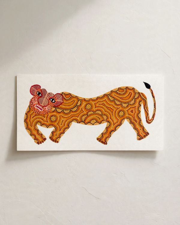 Bhil Art #37 - Lion Orange - 5.5*11 inches - Hand Painted In Paper - Unframed