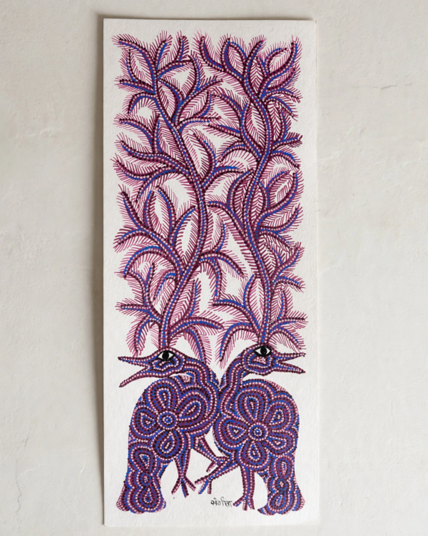 Bhil Art #12 - Peacock Pair Maroon - 6.5*15 inch - Hand Painted In Paper - Unframed