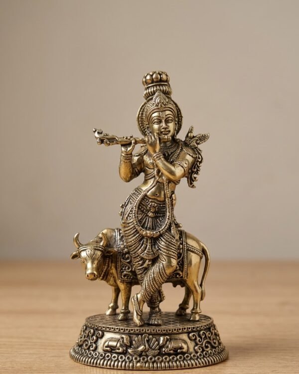 Krishna Ji with Cow Idol – Standing Pose - Brass - (6 inch approx)