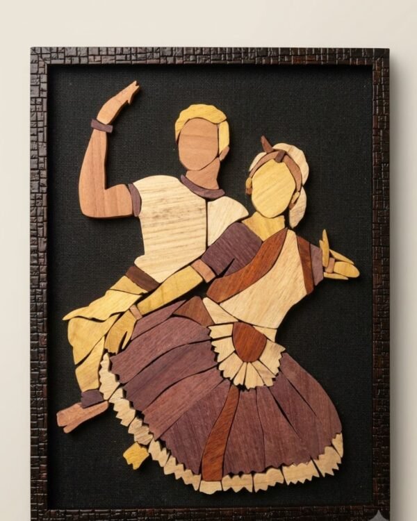 Couple Mohiniattam Dance Wooden Inlay Painting – 12"x16" | Handcrafted Wood Art Panel | Classical Indian Wall Décor